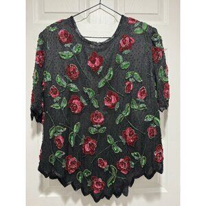 Vintage Laurence Kazar Size 3X Beaded Roses Floral Holiday Silk Top Formal Glam